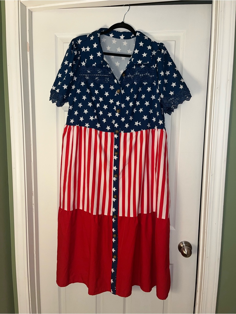 Woman’s SHEIN Curve 1XL American Flag Navy Star & Red Stripe Button-Front Dress
